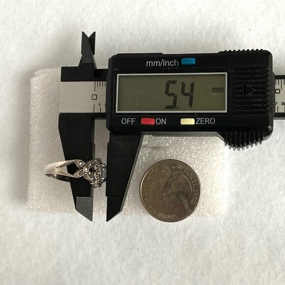 Sterling Silver 925 Oval Blue Topaz & Marcasite Floral Split Shank Ring Sz 7.5 - Picture 16 of 16